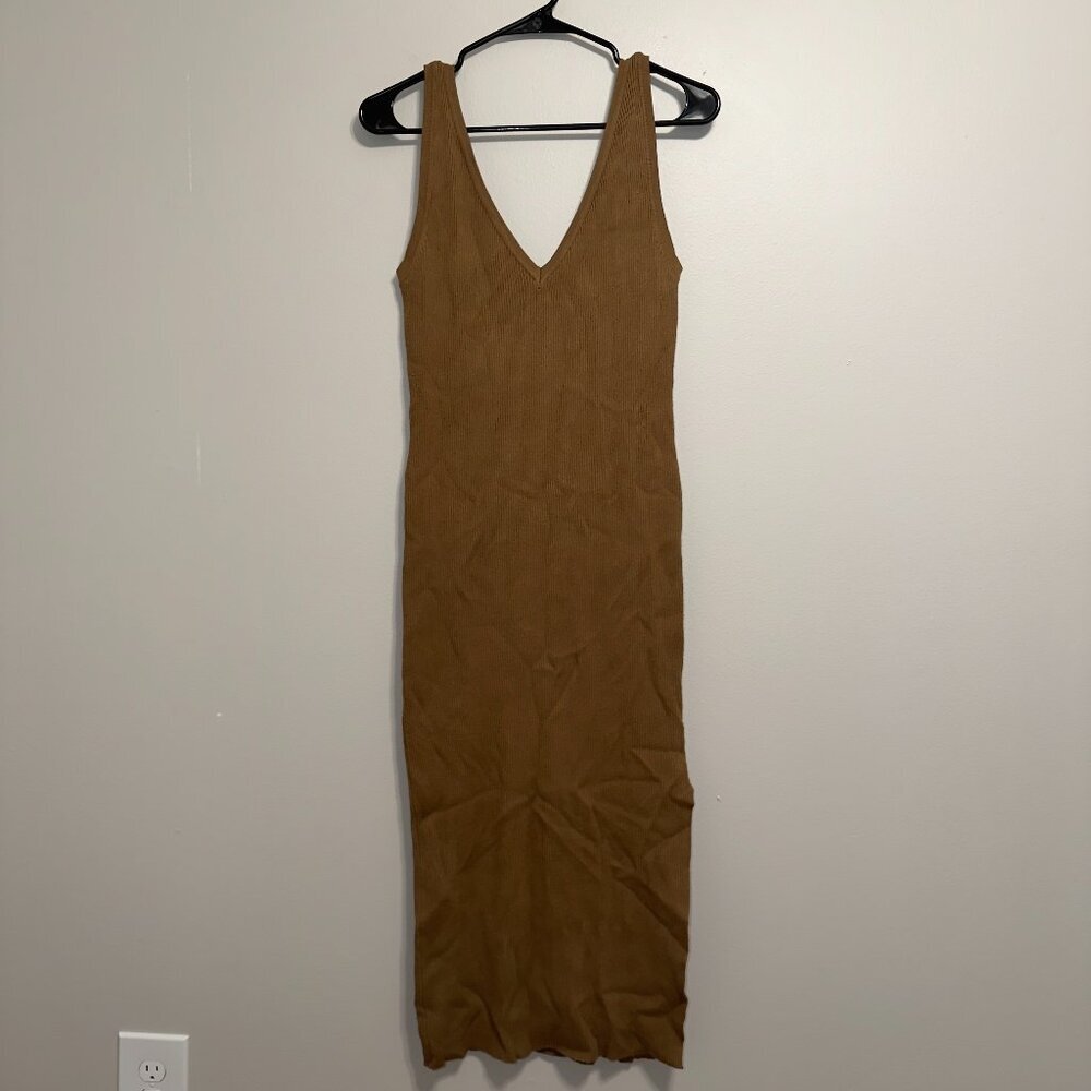 House of Harlow 1960 Brown Ribbed Knit V-Neck Midi Bodycon Dress Medium M - Picture 2 of 7